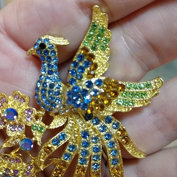 Peacock Brooch Pin and Pendant 1/4" Bale Large Colorful Rhinestones Bling - Picture 3 of 15